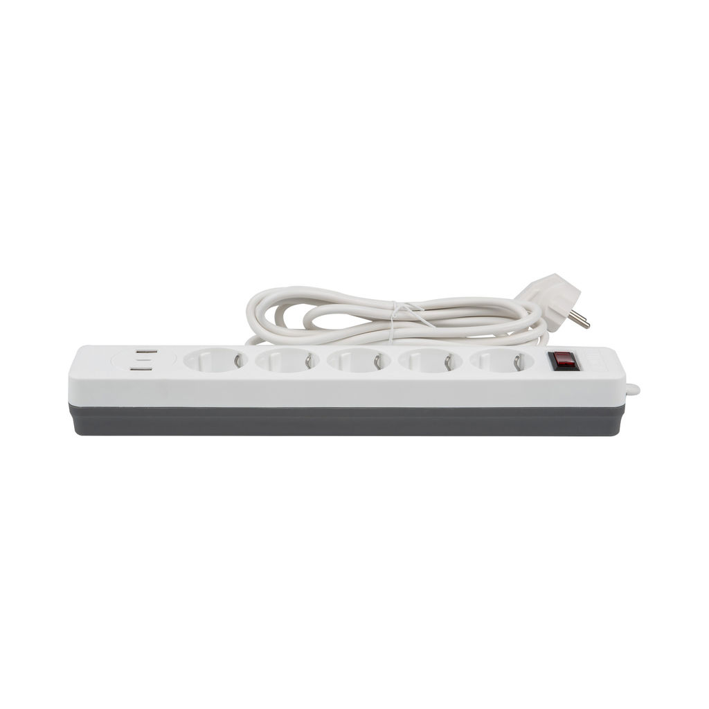 S-GSR5-3 U2C1 WHITE/GREY Сетевой фильтр серии Standard, шнур 3м (Пвс 3х0,75), 5 гнезд, с/з, 2USB+1TYPE C, 10A, 2500Вт. Белый/серый. TM Uniel