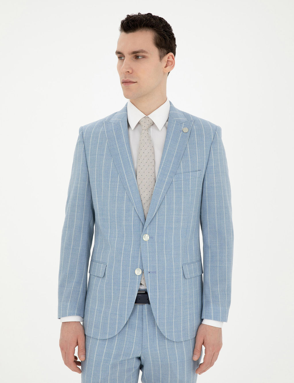 A__k Mavi Ekstra Slim Fit _izgili Y_n Tak_m Elbise