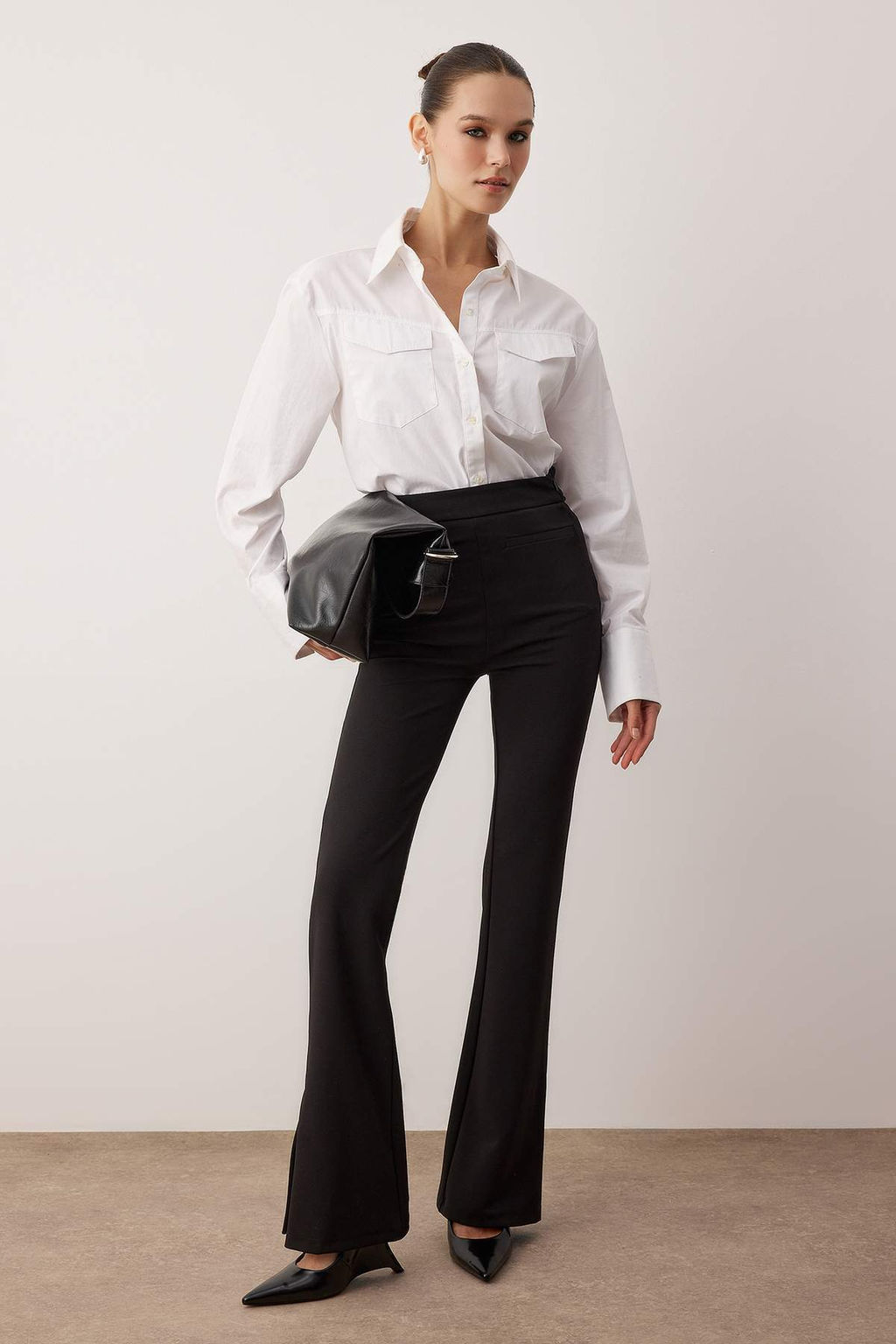 Siyah Wide Leg/Genis Paca Esnek Kal?n Orme Pantolon TWOAW26PL00073