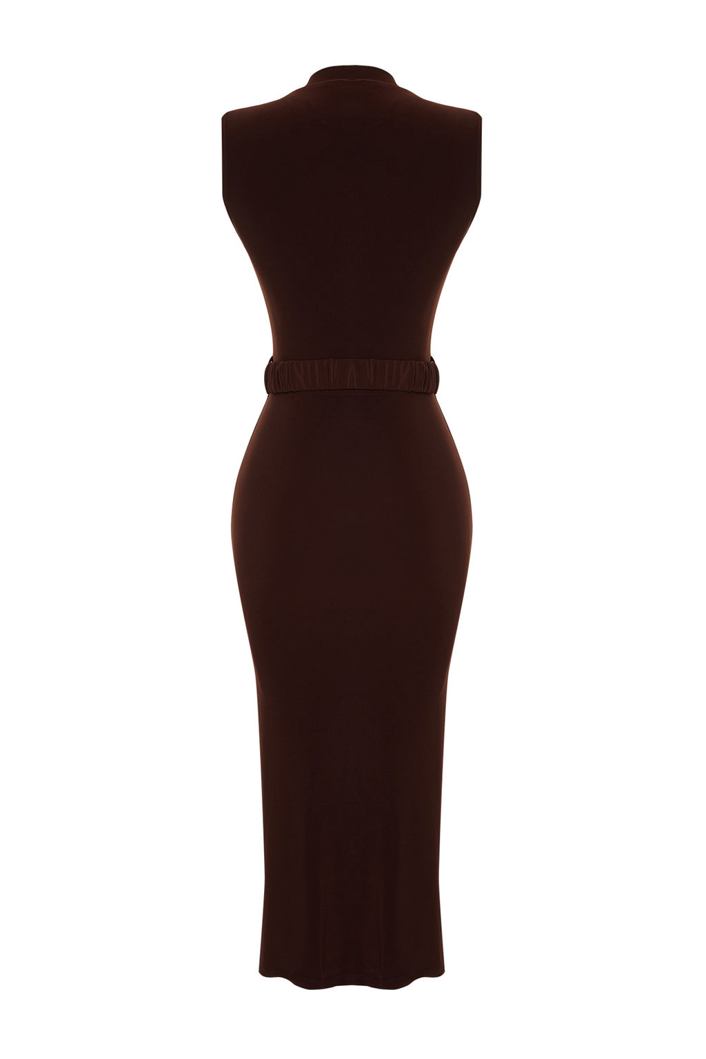 Koyu Kahverengi Vucuda Oturan Drape Detayl? Kemerli Midi Esnek Orme Kalem Elbise TWOSS22EL0756