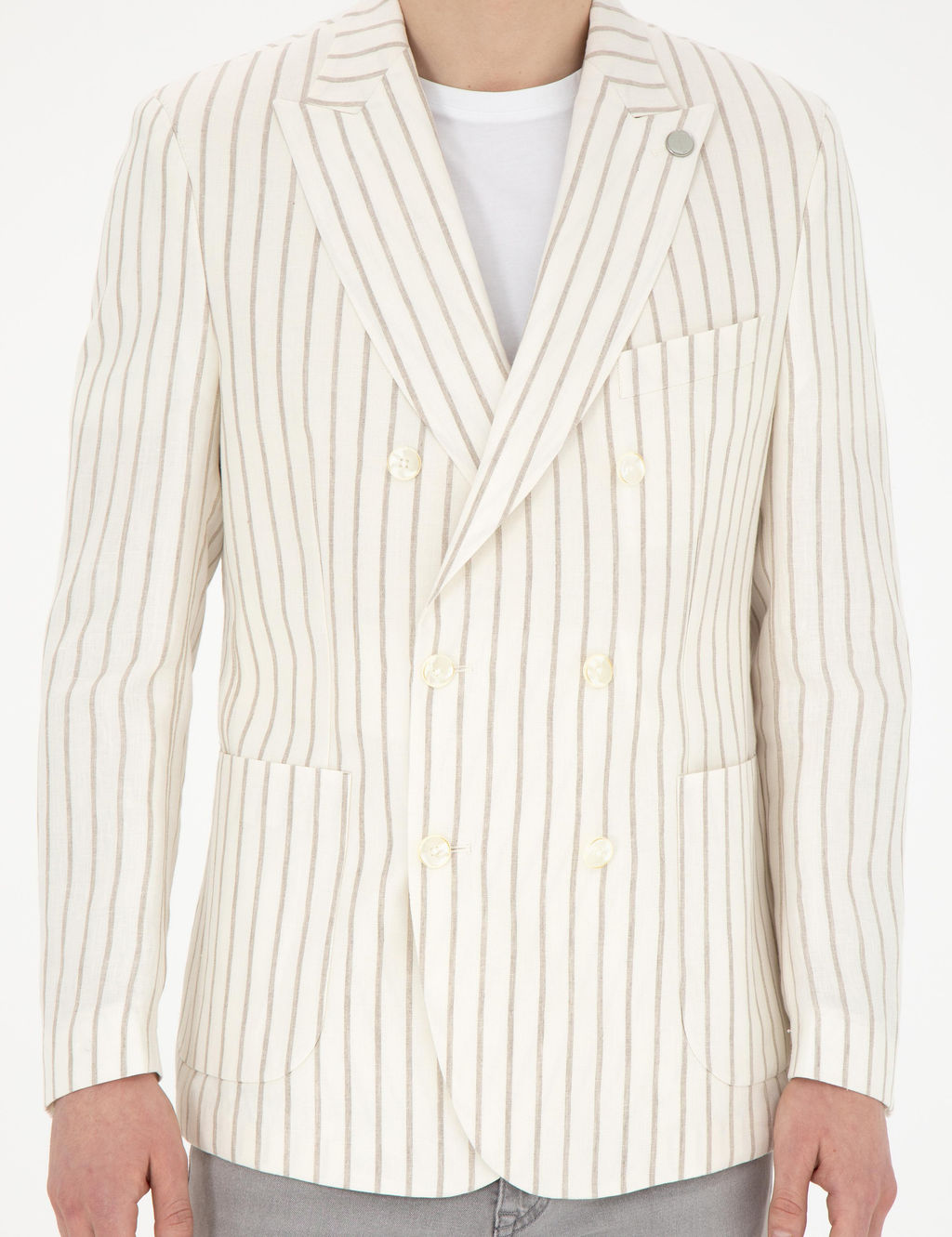 Ekru Slim Fit _izgili Keten Kruvaze Ceket