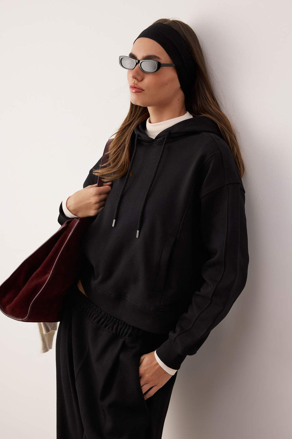 Siyah Premium Oversize/Genis Kal?p Kal?n Ici Polarl? Orme Sweatshirt TWOAW26SW00209