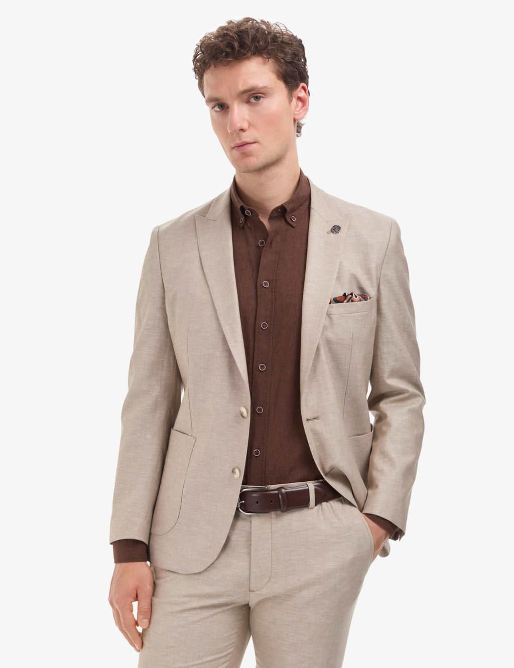 A__k Kahverengi Extra Slim Fit Keten Kar___ml_ Tak_m Elbise