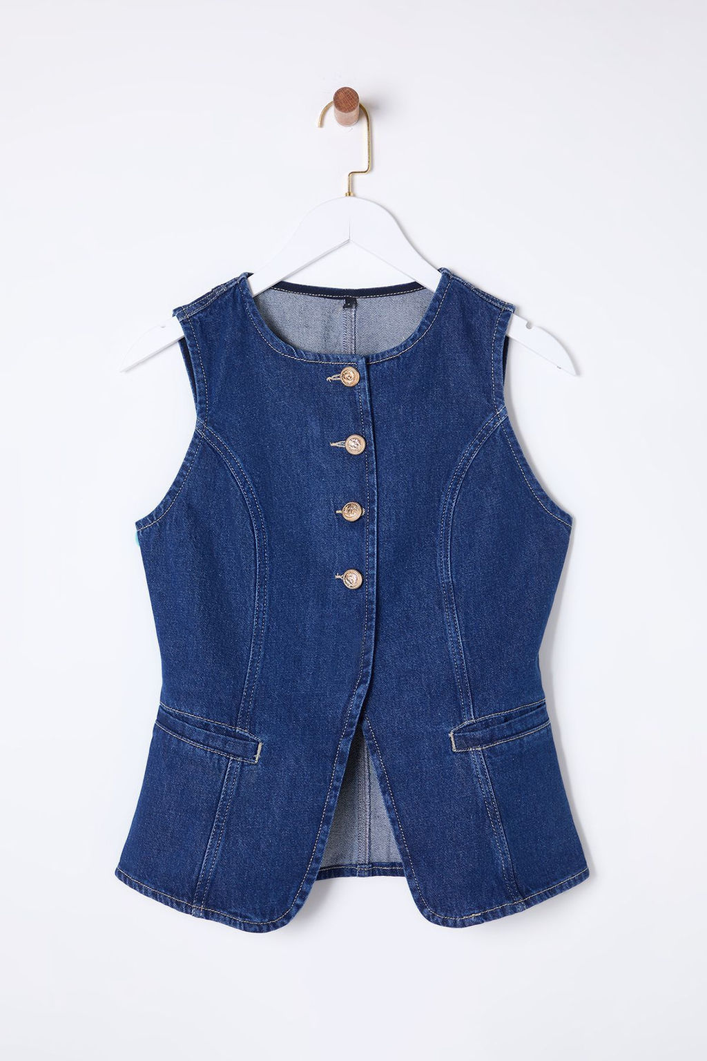 TRENDYOLMILLA Koyu Mavi Gold Dugmeli Dikis Detayl? Denim Yelek TWOSS25YE00001  фото 6