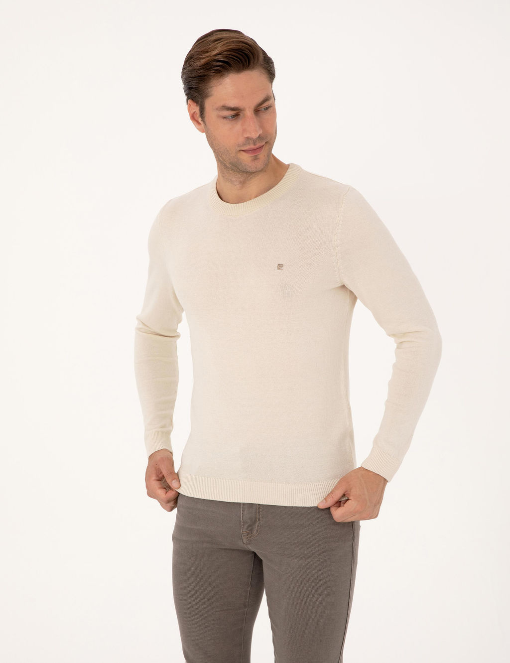 Bej Slim Fit Bisiklet Yaka Basic Triko Kazak - Pierre cardin фото 3