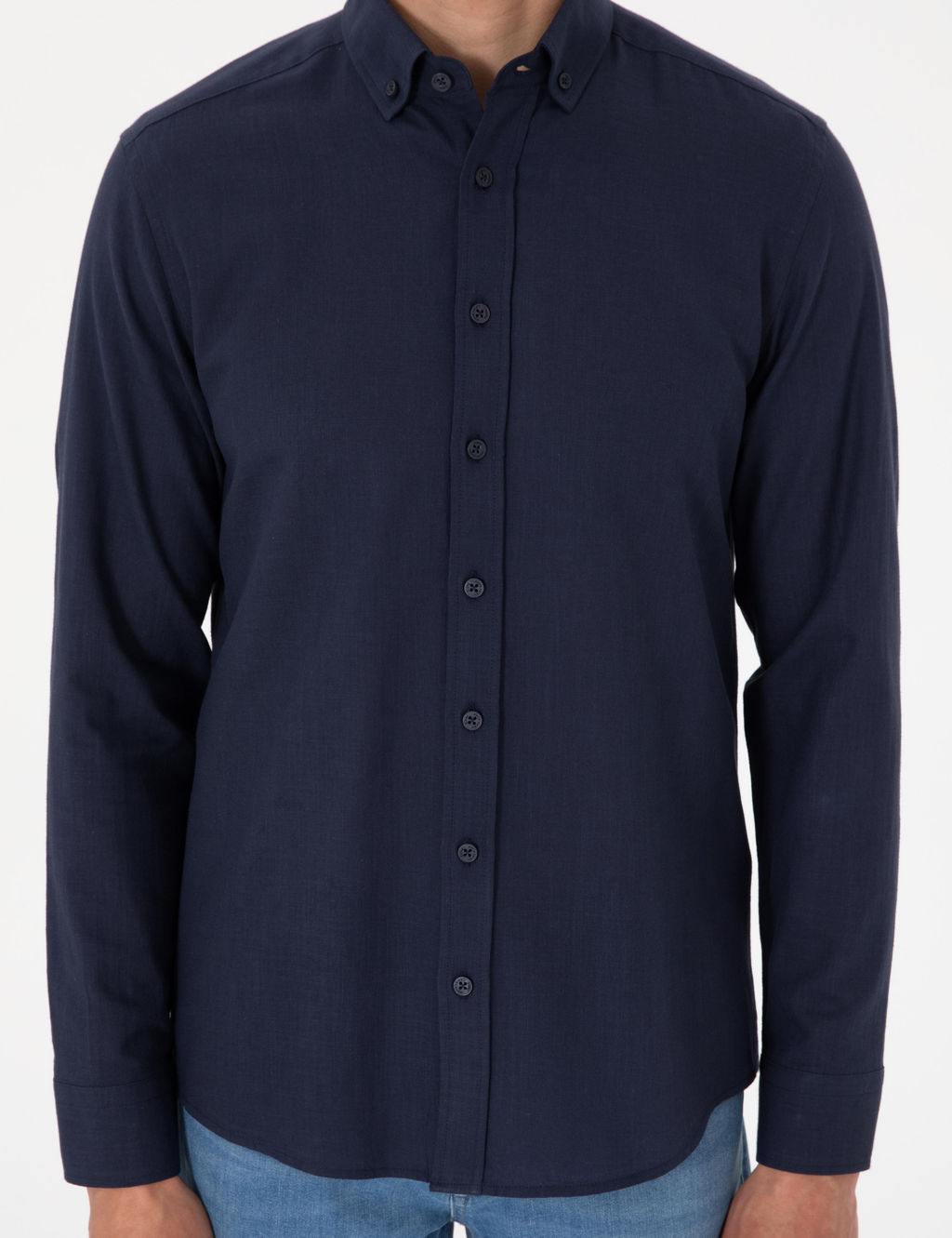 Koyu Lacivert Keten G_r_n_ml_ Slim Fit Uzun Kollu G_mlek