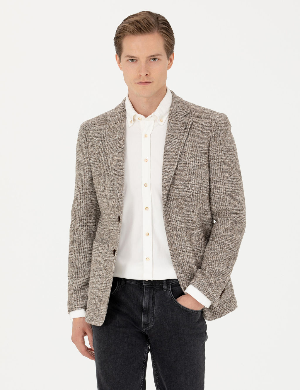 Бежевая приталенная куртка в клетку из смесовой шерсти - Cacharel фото 3