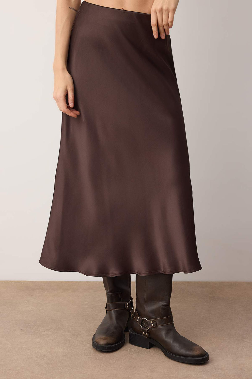 Kahverengi Saten A-line/Can Kesim Midi Etek TWOAW26ET00163