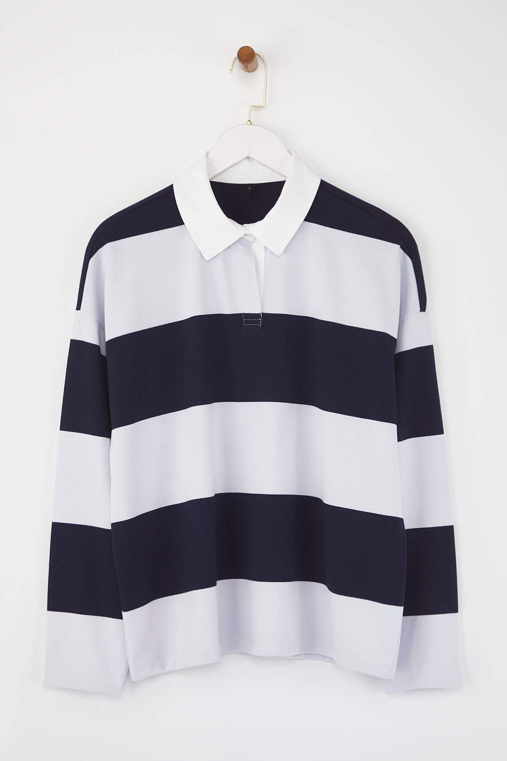 Lacivert Cizgili Polo Yaka Oversize/Genis Kal?p Orme Sweatshirt TWOAW26SW00051