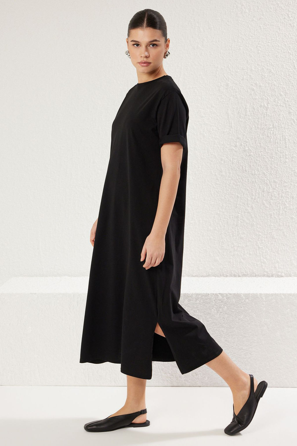 TRENDYOLMILLA Koyu Kahverengi %100 Pamuklu Bisiklet Yaka K?sa Kol Midi Orme T-shirt Elbise TWOSS25EL00465  фото 2