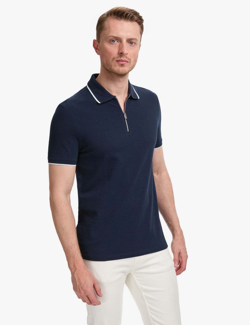 Lacivert Slim Fit %100 Pamuk Fermuarl_ Polo Yaka Ti__rt