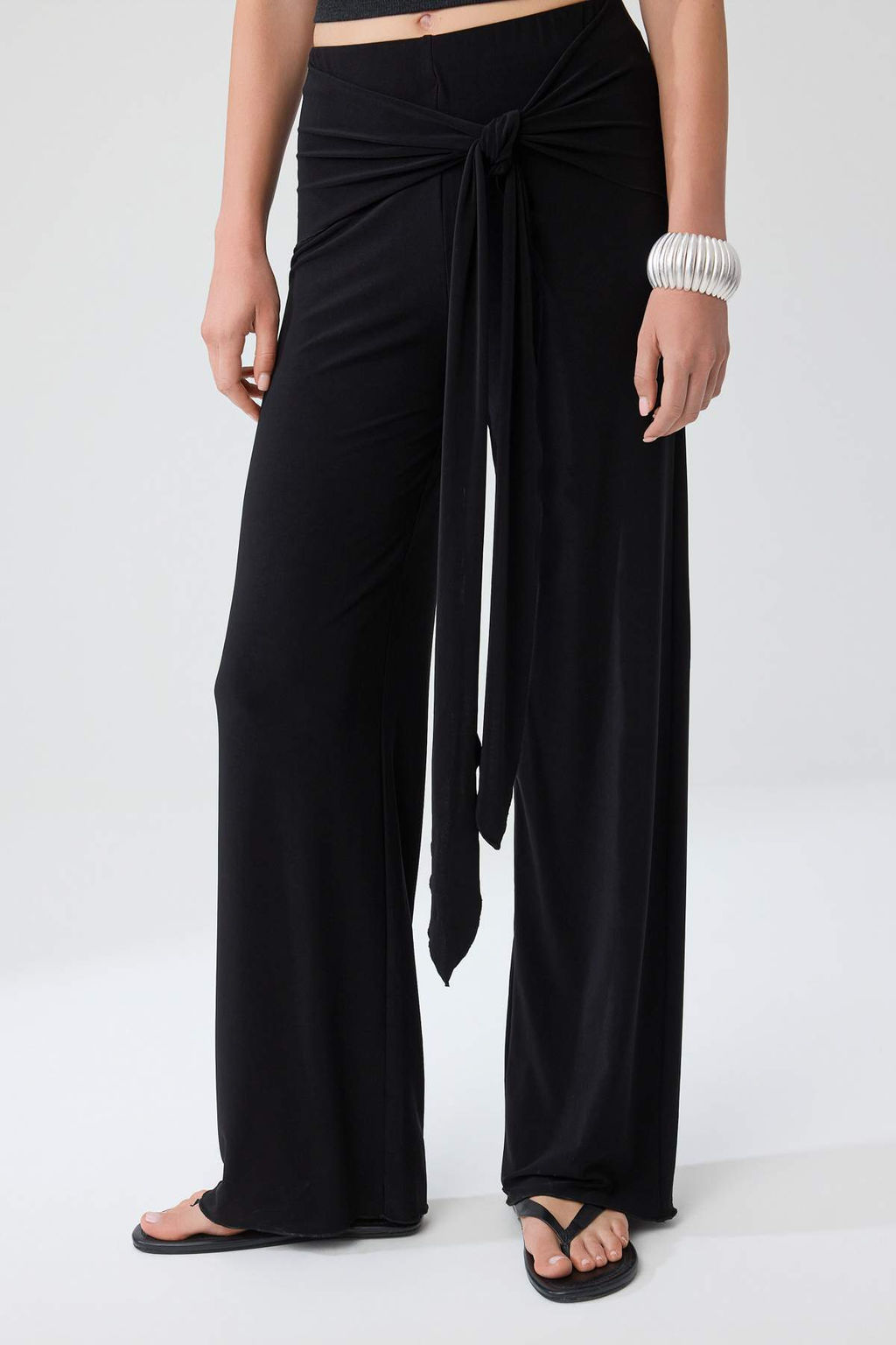Siyah D_z Wide Leg Y_ksek Bel Uzun Ba_lama Detayl_ Esnek _rme Pantolon TWOSS26PL00244 - Trendyolmilla фото 3