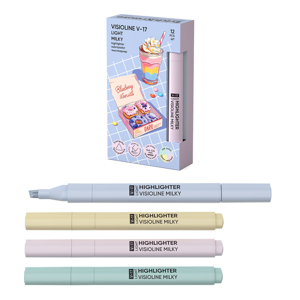 Цена за 12 шт. Текстмаркер ErichKrause Visioline V-17 Light Milky, цвет чернил ассорти (в коробке по 12 шт.)