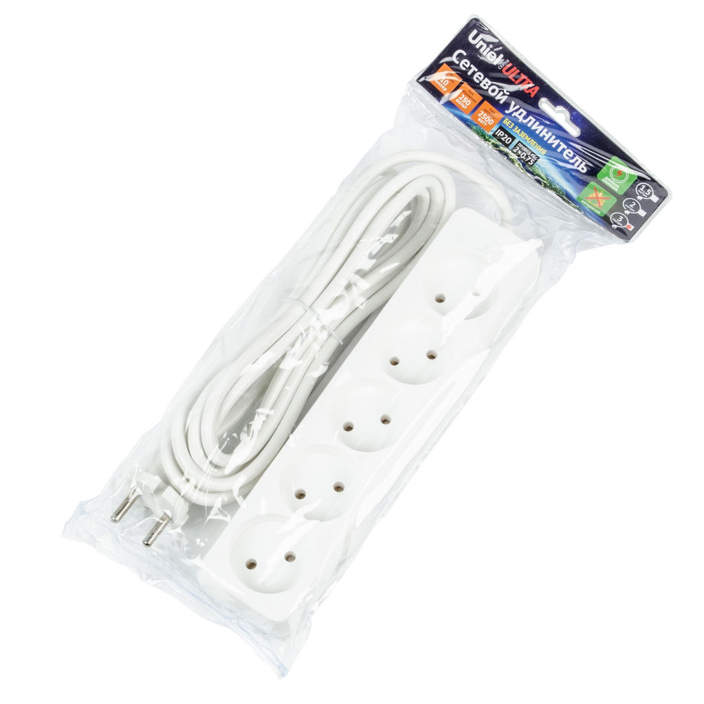 S-CU5-3 WHITE Удлинитель серии Ultra, шнур 3м., 5 гнезд, 10A, б/з. Белый. TM Uniel