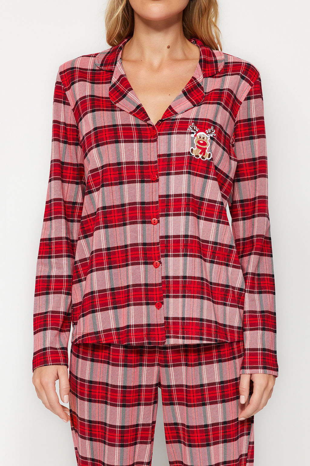 K?rm?z? Ekoseli Geyik Nak?s Deteyl? Tshirt-Pantolon Orme Pijama Tak?m? THMAW24PT00053 - Trendyolmilla фото 6