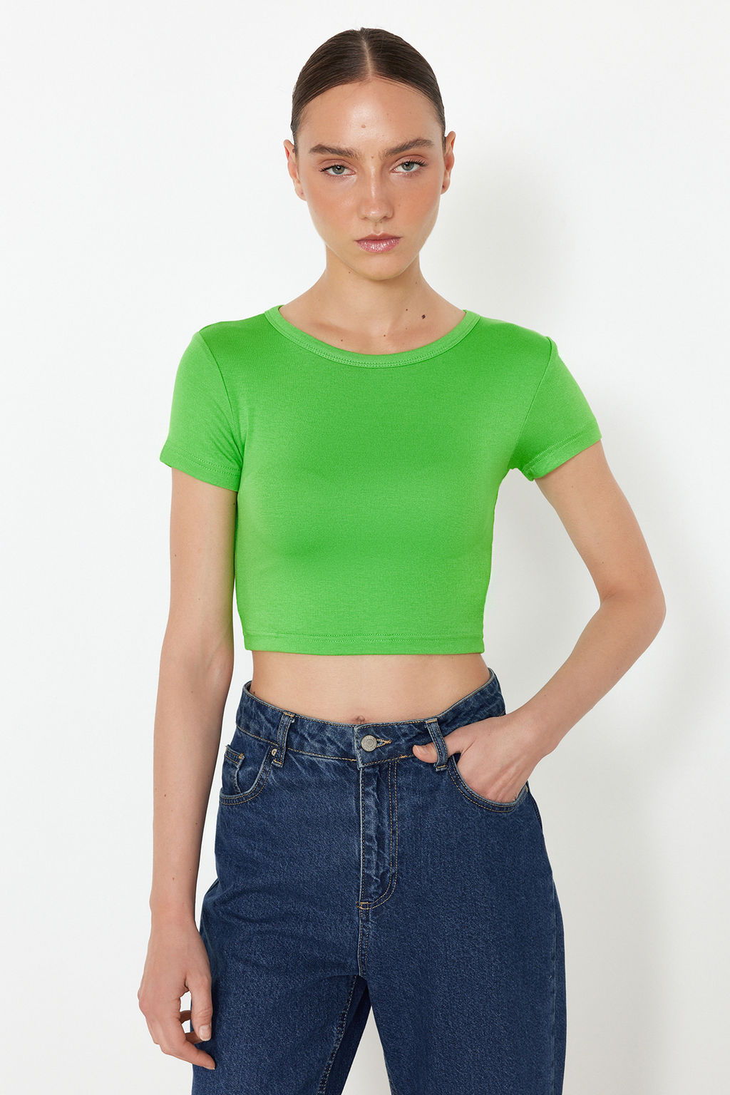 Trendyolmilla Premium Siyah-Ekru 2li Paket Crop Viskoz/Yumusak Kumas Esnek Orme Bluz TWOSS23BZ00108  фото 44