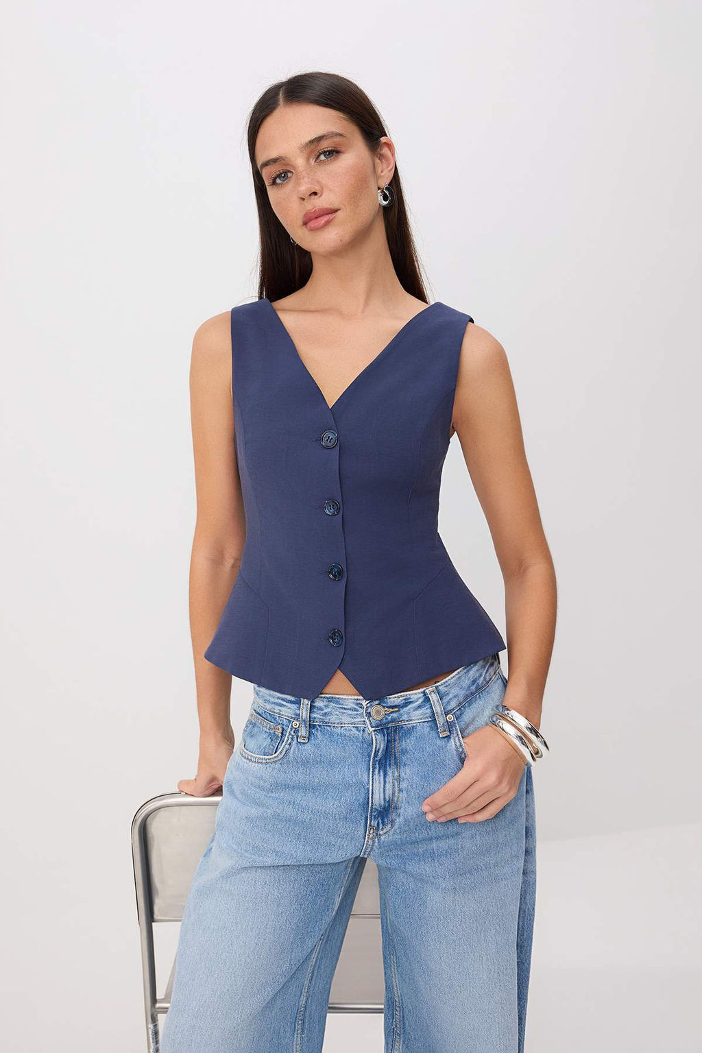 Indigo Fitted V Yaka Modal Yelek TWOSS26YE00052 - Trendyolmilla фото 2