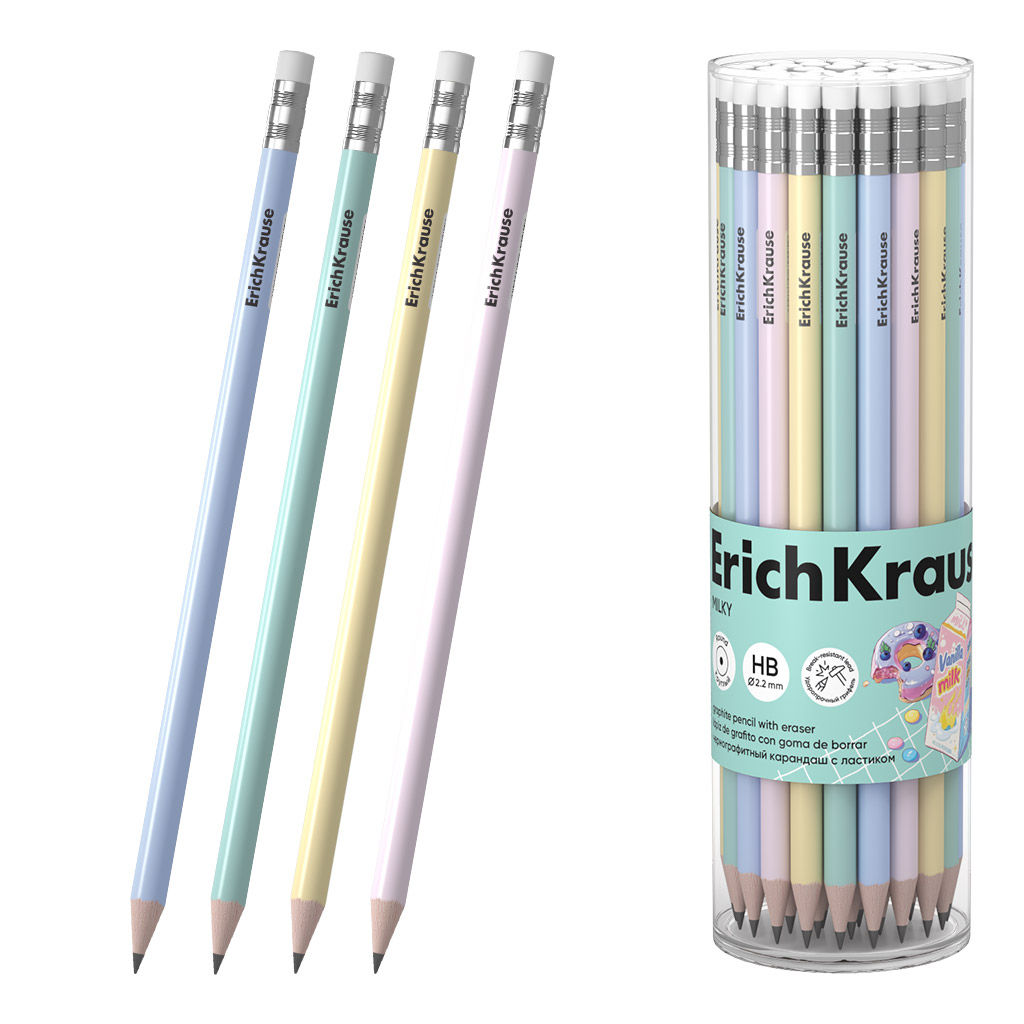 Цена за 42 шт. Чернографитный карандаш ErichKrause Milky, круглый, с ластиком, НВ (в тубусе по 42 шт.)