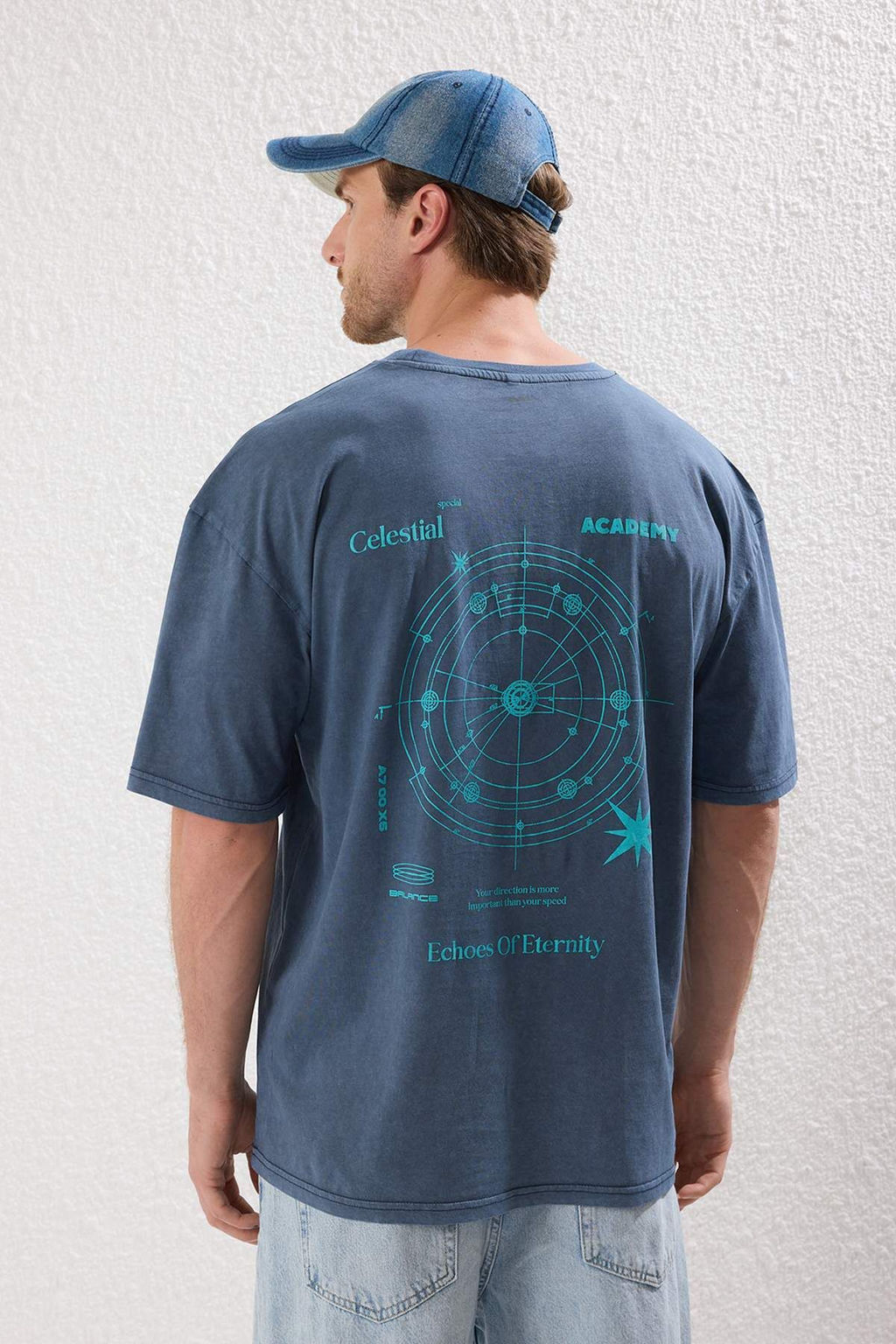 Trendyolmilla Man Yesil Oversize/Genis Kesim Eskitme/Soluk Efekt Galaksi Bask?l? T-Shirt TMNSS25TS00076  фото 14