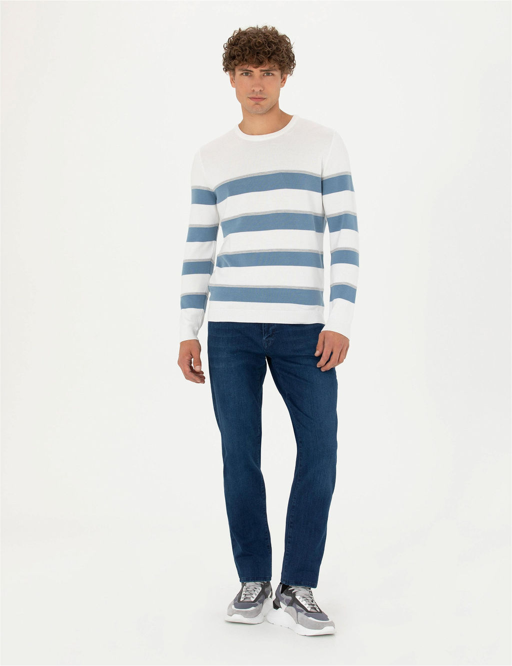 Ekru Slim Fit Bisiklet Yaka Triko Kazak