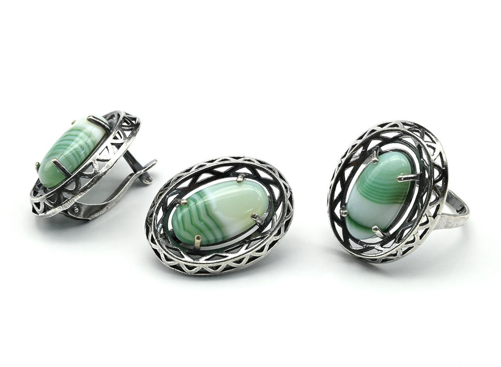 Кольцо Серьги с агатом тонированным, цв.свет.зеленый размер 19