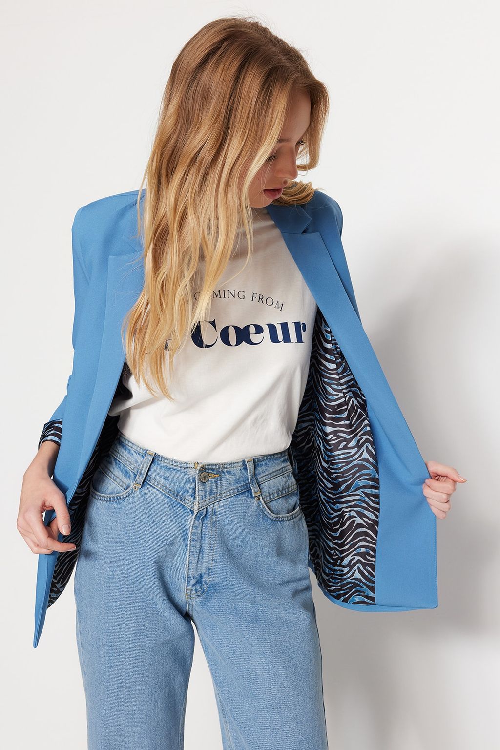 Koyu Mavi Regular Astar Detayl? Dokuma Blazer Ceket TWOAW20CE0316