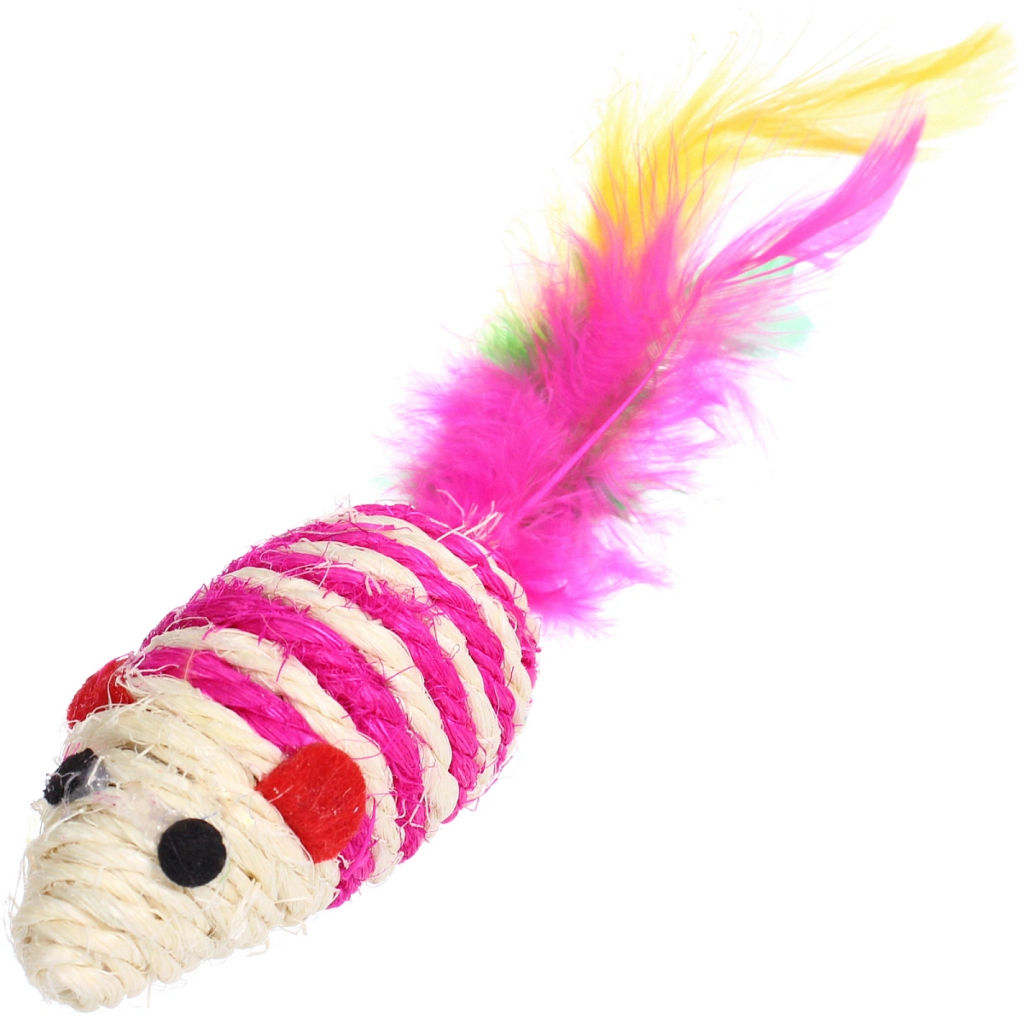 Цена за 6 шт. Игрушка - мышка для кошек "ЦЕПКИЕ ЛАПКИ", канатная с пёрышками, микс 3 цвета, 7*3,5см (пакет с хедером)