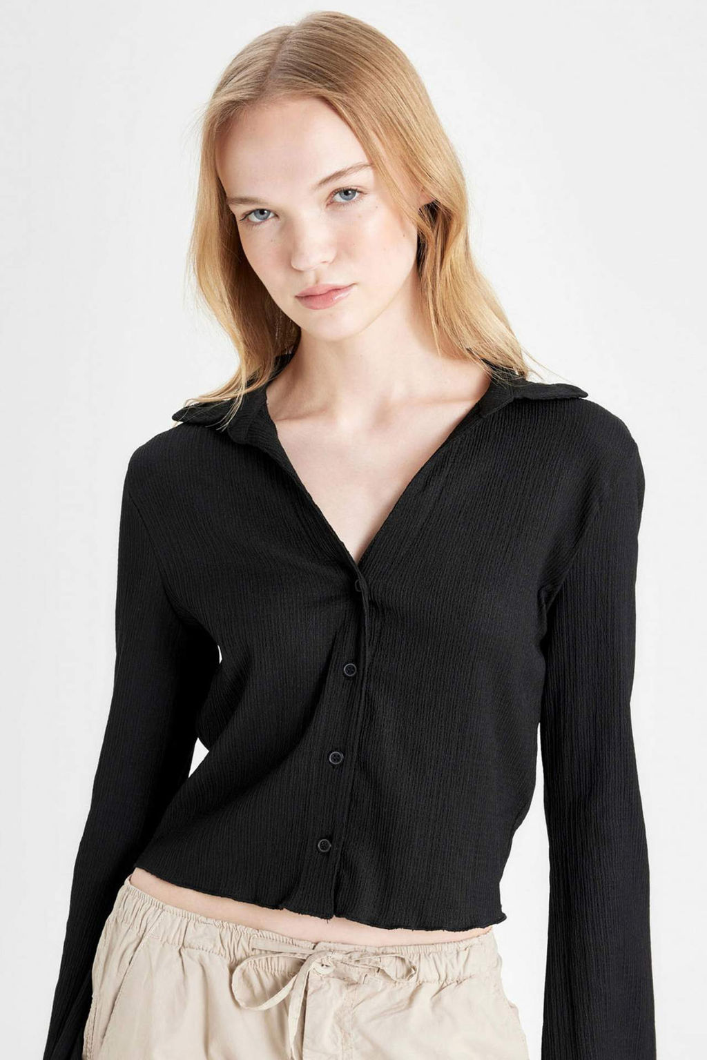 Coool Fitted Basic Duz Dugmeli Uzun Kollu Crop Gomlek - Defacto фото 2