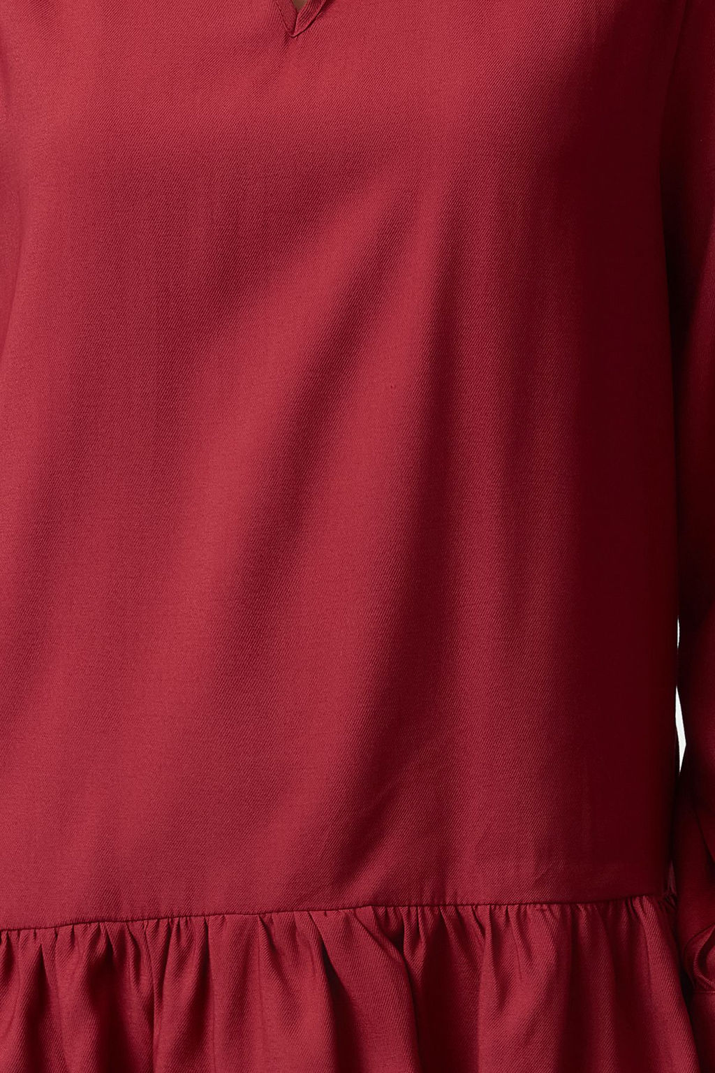 Bordo Shift/Duz Kesim V Yaka Etegi Volanl? Belmando Mini Dokuma Elbise TWOAW25EL00235