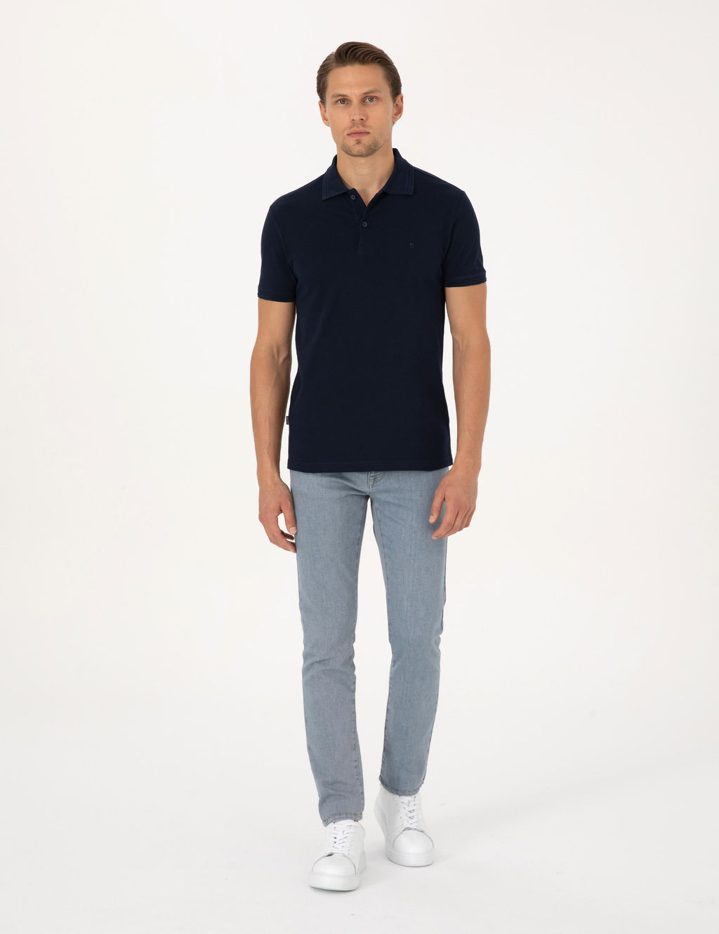 Lacivert Slim Fit %100 Pamuk K_vr_lmaz Polo Yaka Basic Ti__rt