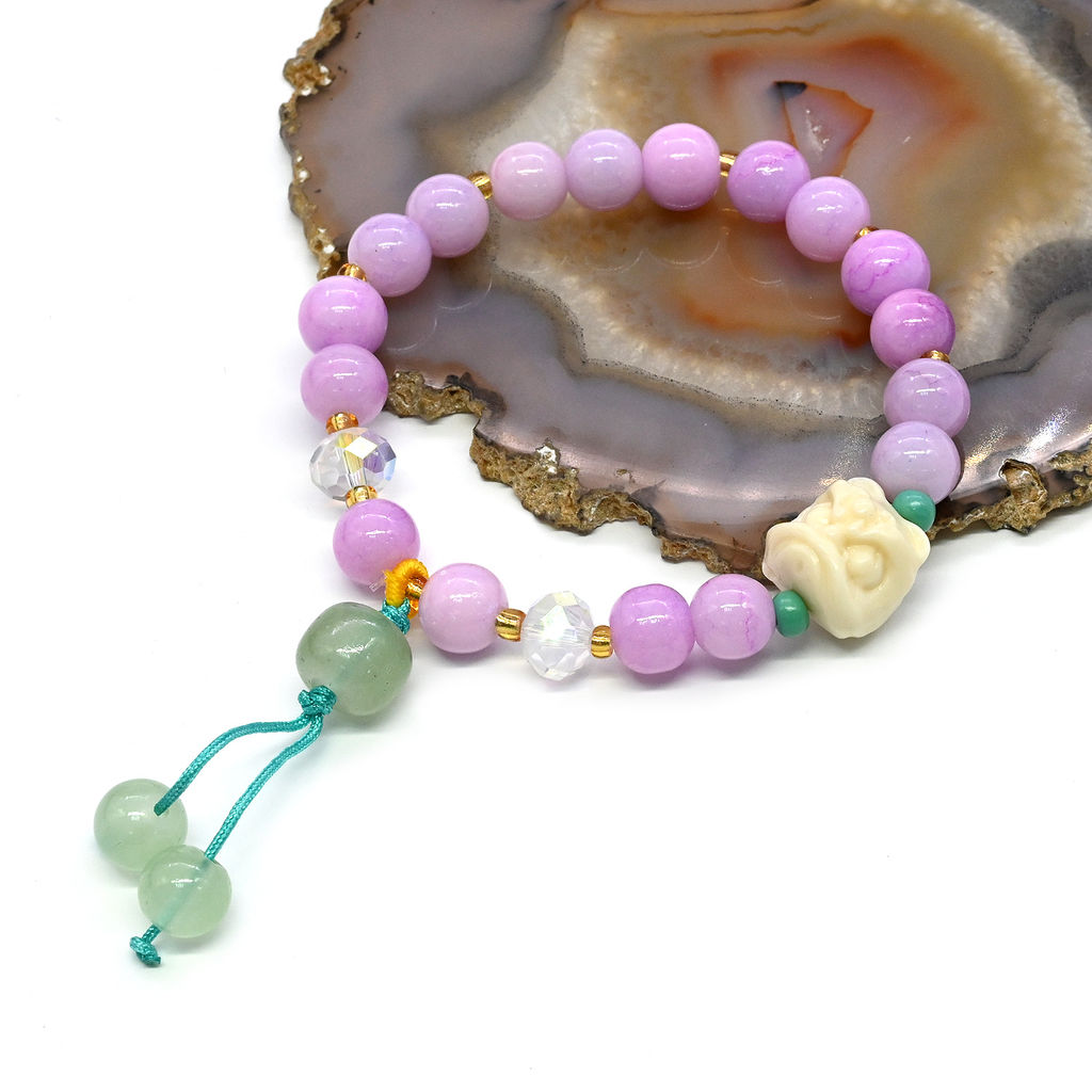 Браслет Голова Льва шарик 8мм цвет сиреневый, 17см