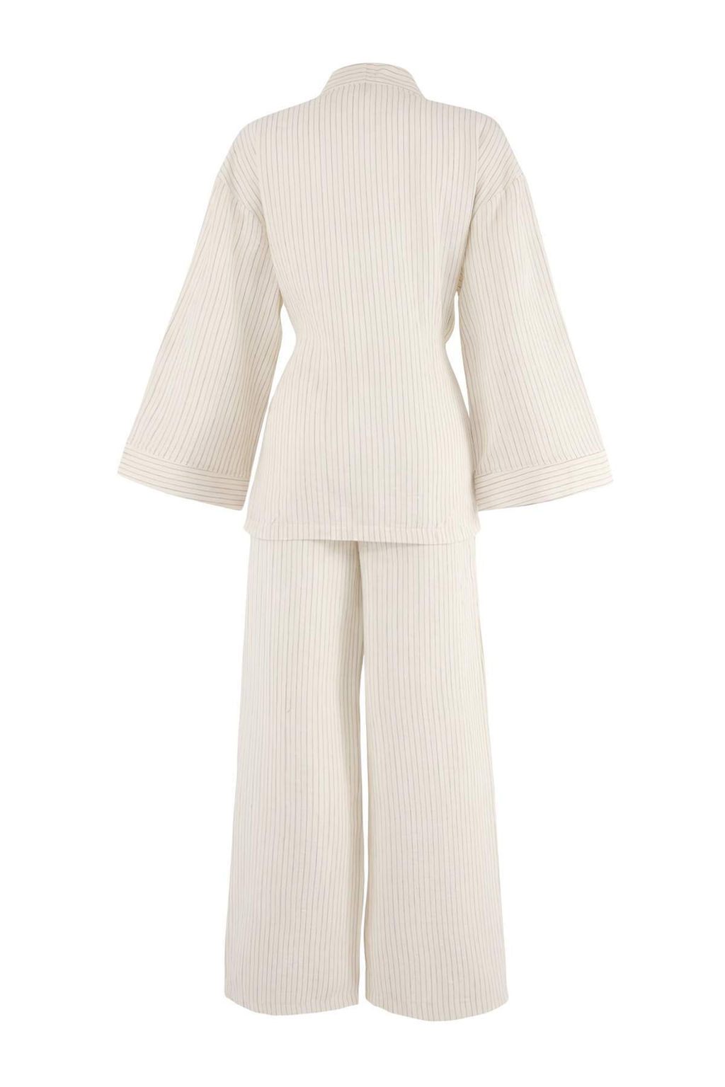 Ekru Cizgili Dokuma Muslin 100% Pamuk Plaj Kimono Pantolon Tak?m TBESS26AU00023 - Trendyolmilla фото 2