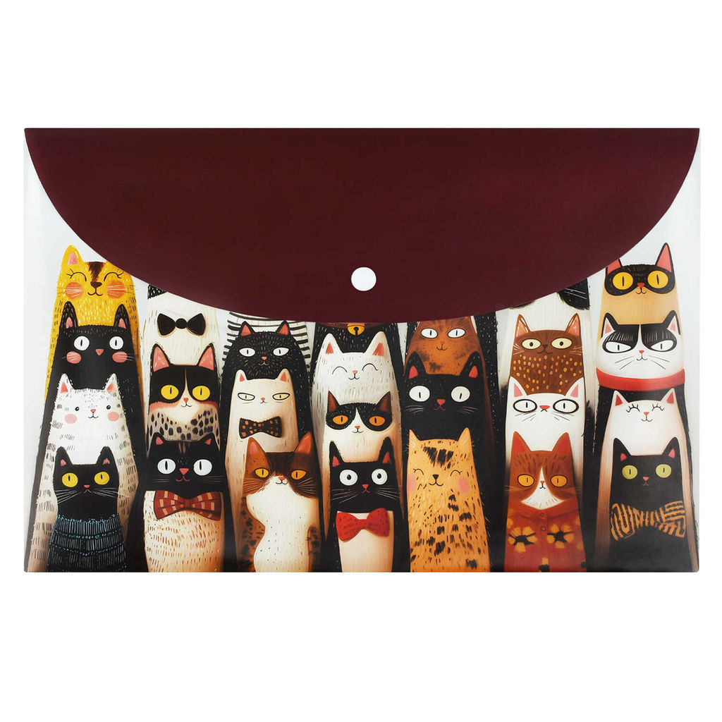 Папка для школьных тетрадей пластиковая Феникс+, арт. 72225/ 12 ВЕСЕЛЫЕ КОТЫ (полипропилен, формат А4, 33.5х23 см, 1 отделение (-я), кнопка, УФ-печать)