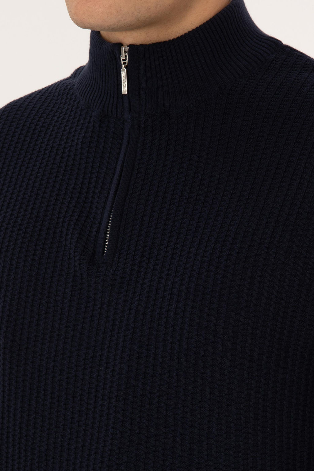 Erkek Slim Fit Yar_m Fermuarl_ Lacivert Kazak