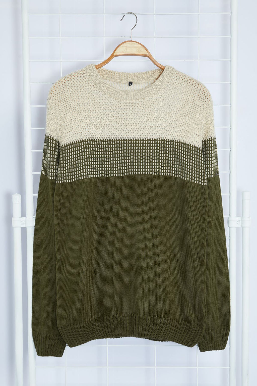 TRENDYOL MAN Bej Slim Fit Dar Kesim Bisiklet Yaka Renk Bloklu Kazak TMNAW21KZ0543 - Trendyolmilla фото 22