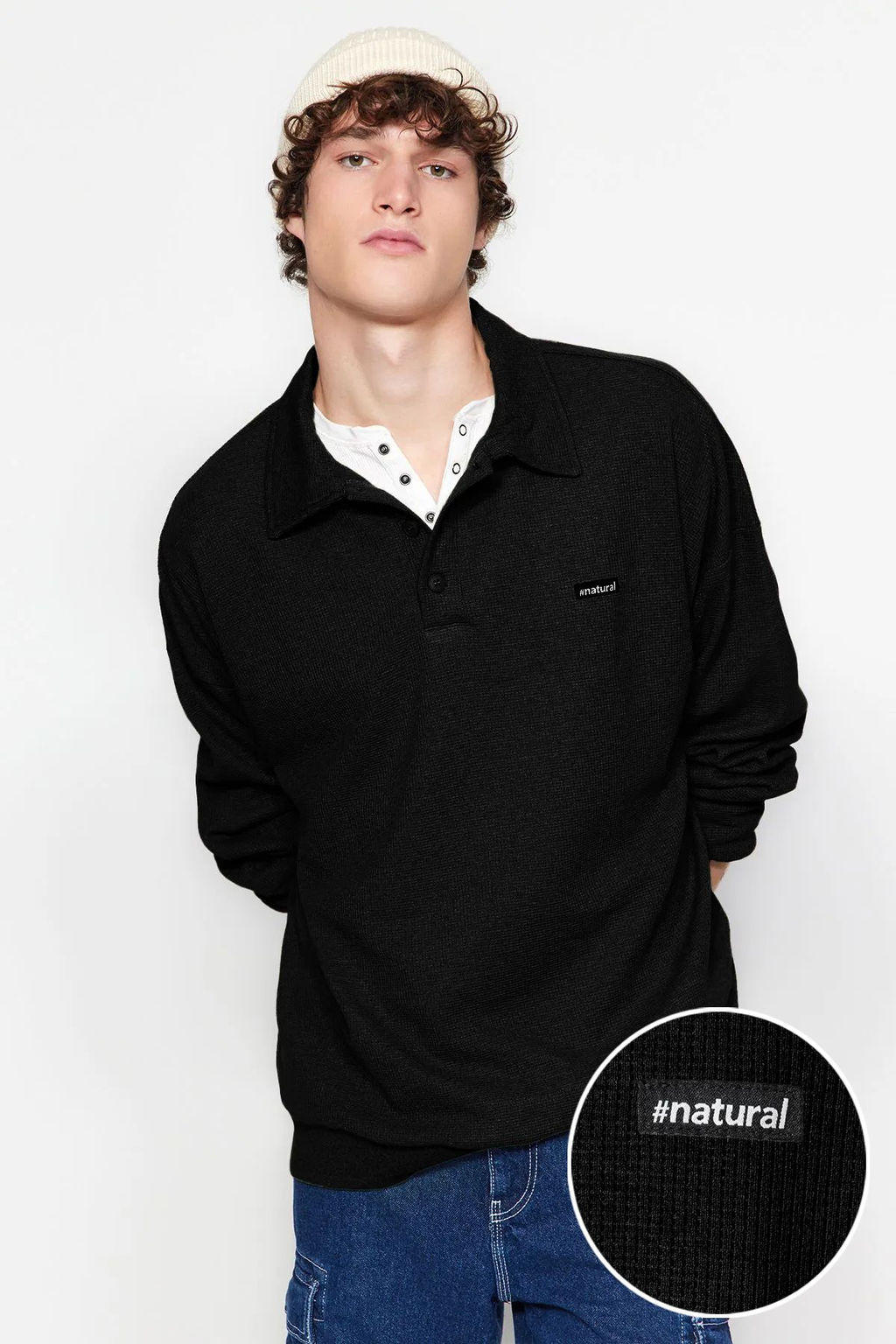 TRENDYOL MAN Siyah Erkek Oversize/Genis Kesim Etiketli Dokulu Pamuklu Polo Yaka Sweatshirt TMNAW24SW00224 - Trendyolmilla фото 18