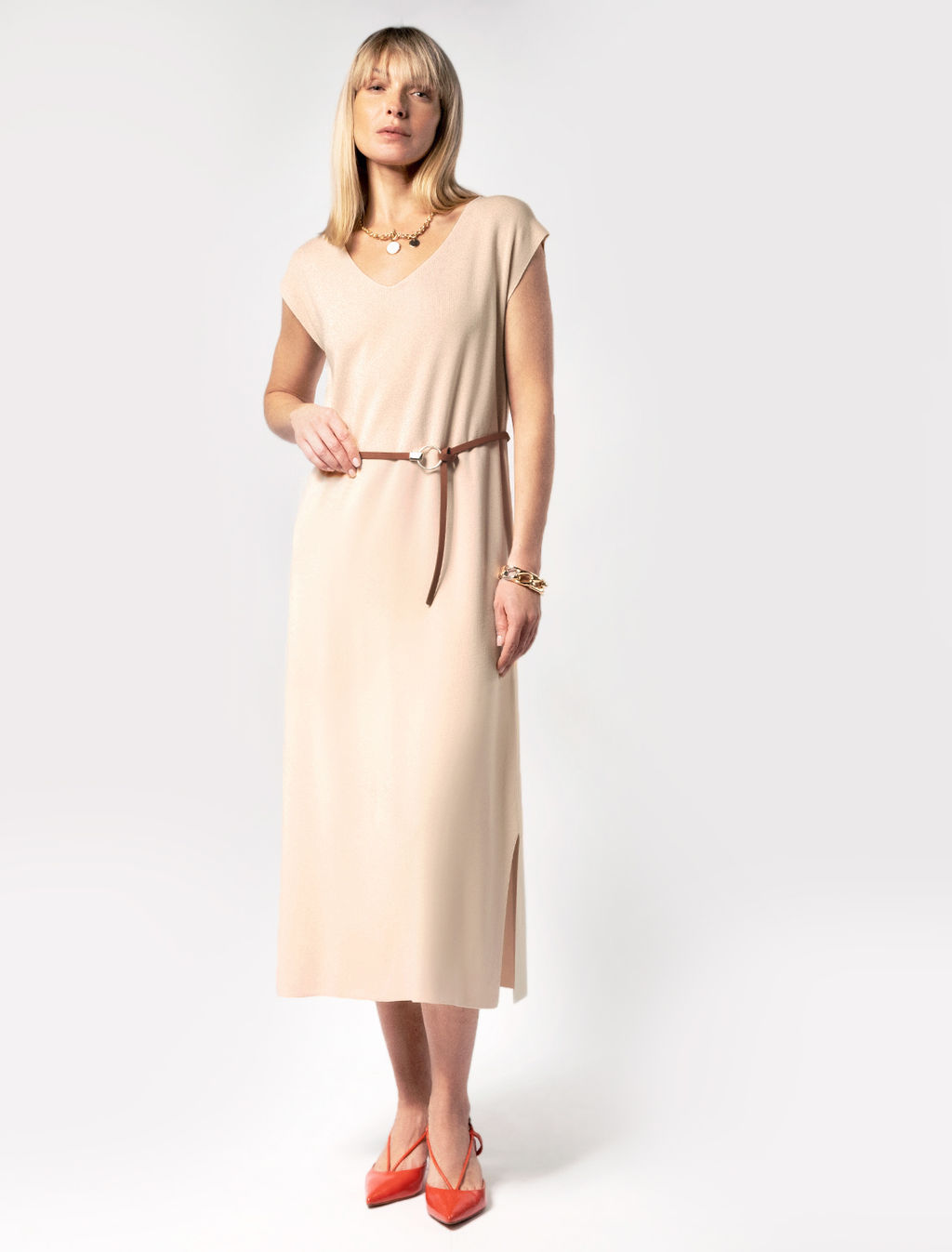 VILATTE / Платье из вискозы, связанное плетением интерлок с ремешком  фото 3