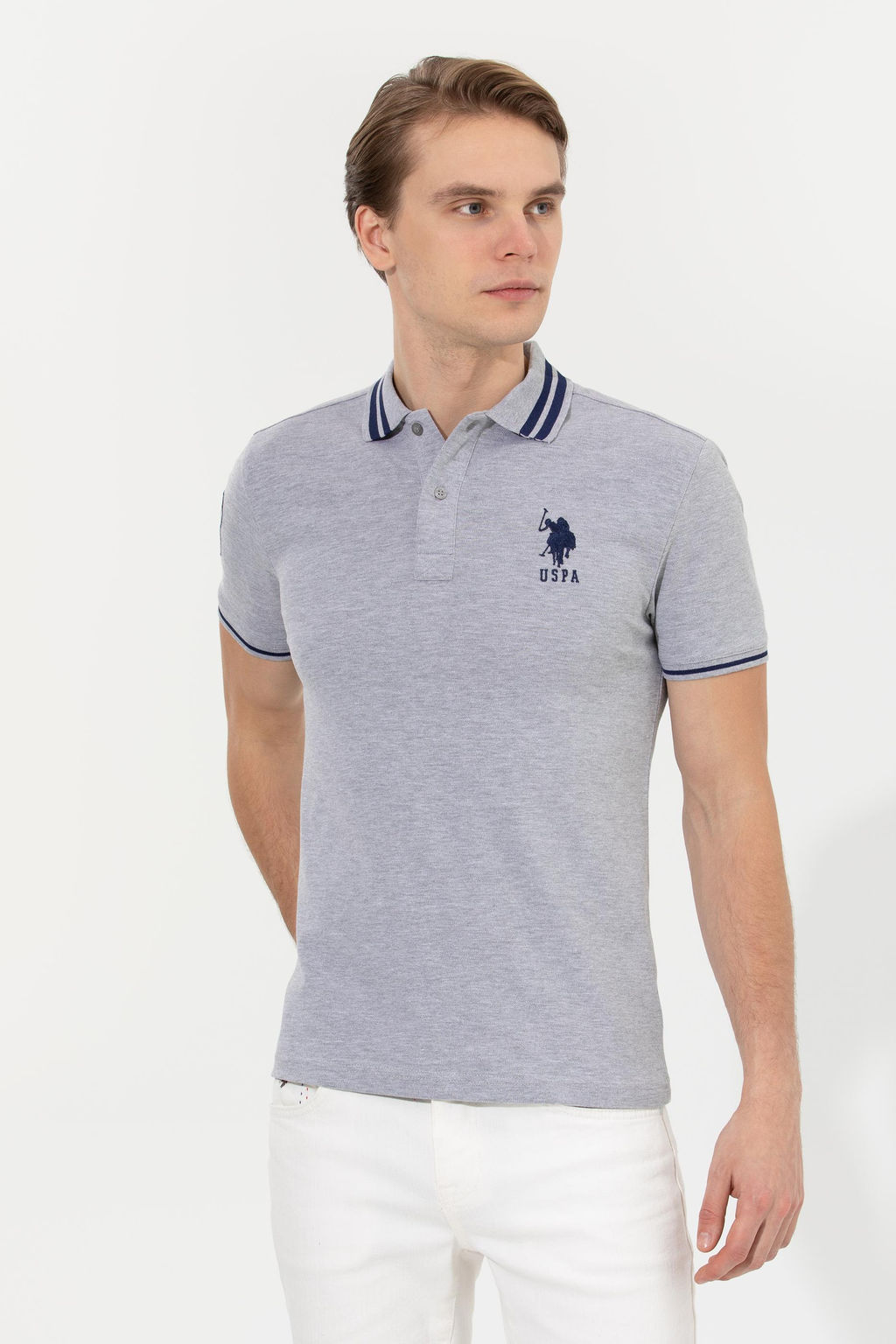 U. S. Polo Assn Мужская серая меланжевая базовая футболка с воротником-поло - U.s. polo assn фото 15