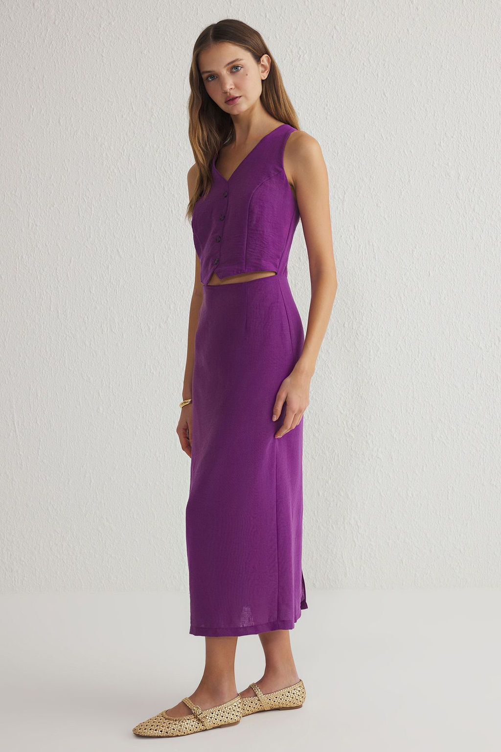 TRENDYOLMILLA Mor A Kesim Yelek Form Keten Gorunumlu Midi Dokuma Elbise TWOSS25EL00059 фото 6