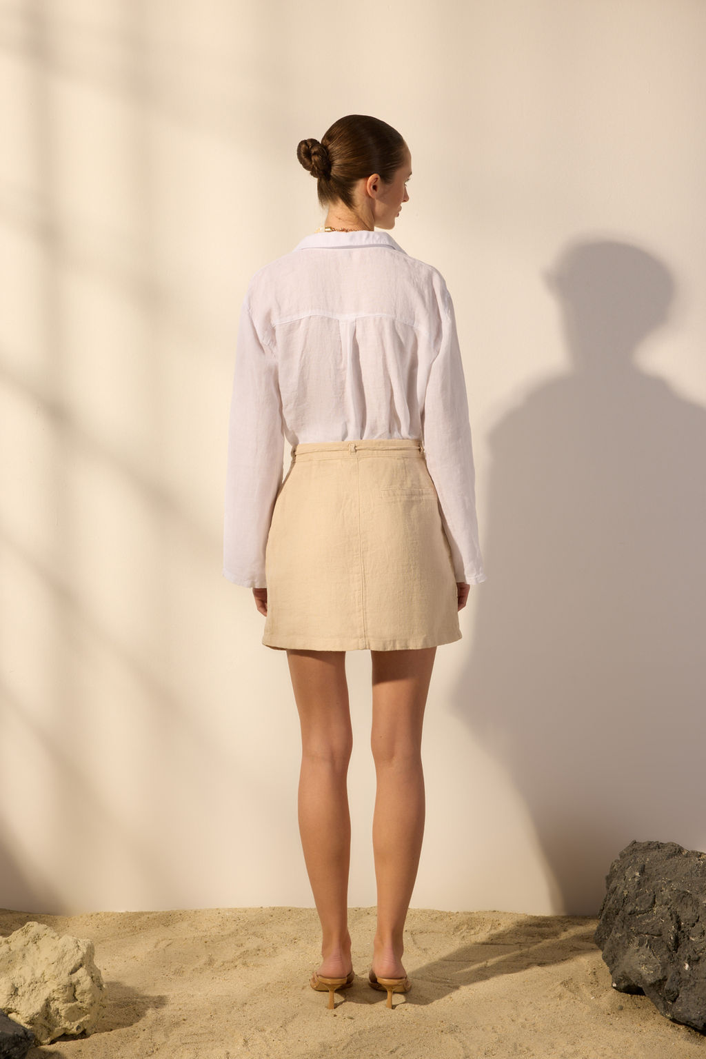 Bej %100 Keten Cep Detayl? Mini Etek TWOSS24ET00154