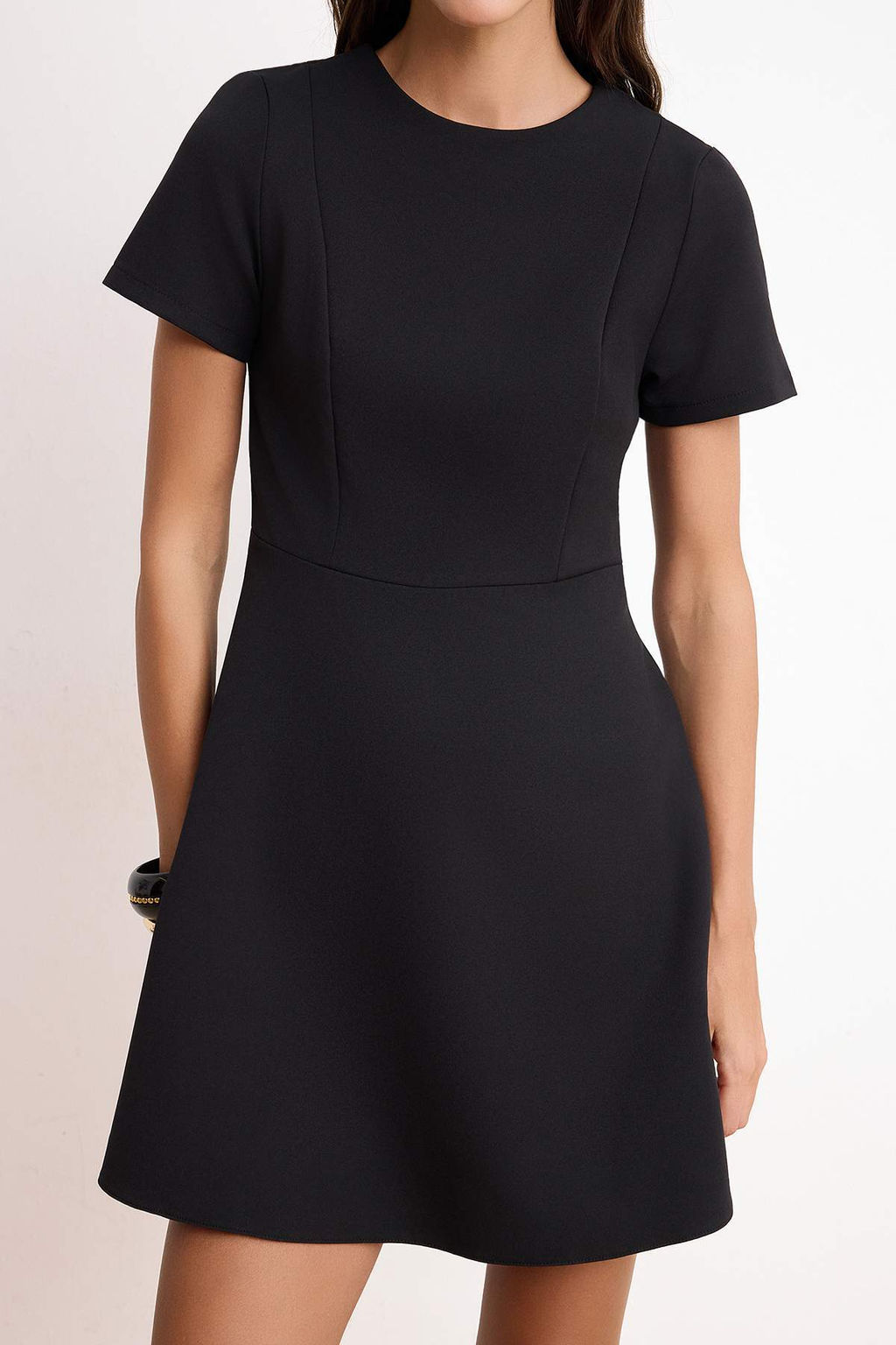 Siyah Etegi Belden Ac?lan K?sa Kol Mini Esnek Dokuma Elbise TWOSS26EL00307