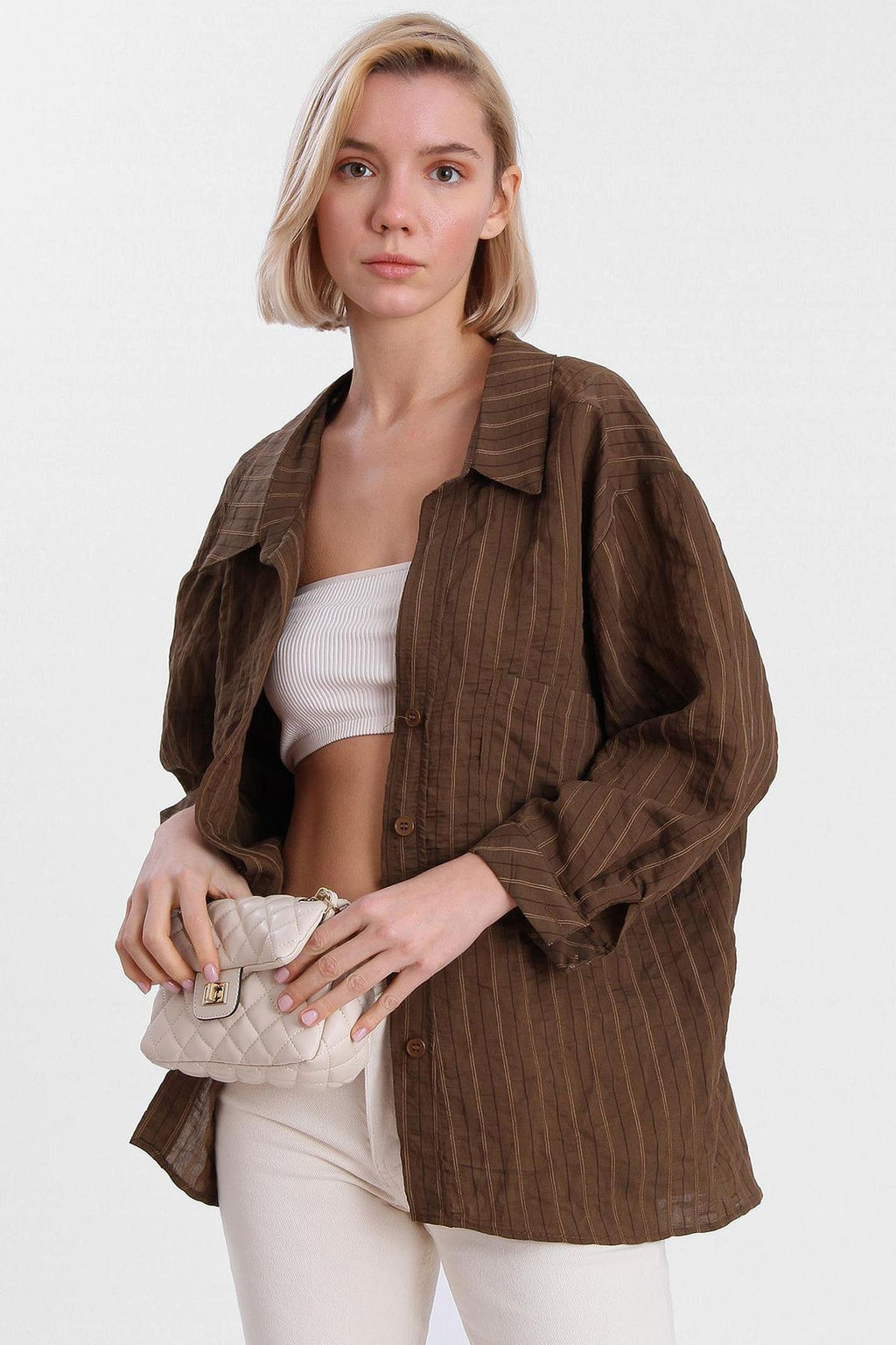 Kahverengi Cizgili Oversize/Genis Kal?p Dokulu Gomlek TWOAW26GO00083