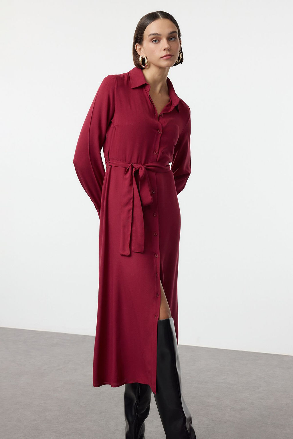 TRENDYOLMILLA Siyah Kusakl? Viskon Midi Dokuma Gomlek Elbise TWOAW25EL00436  фото 12