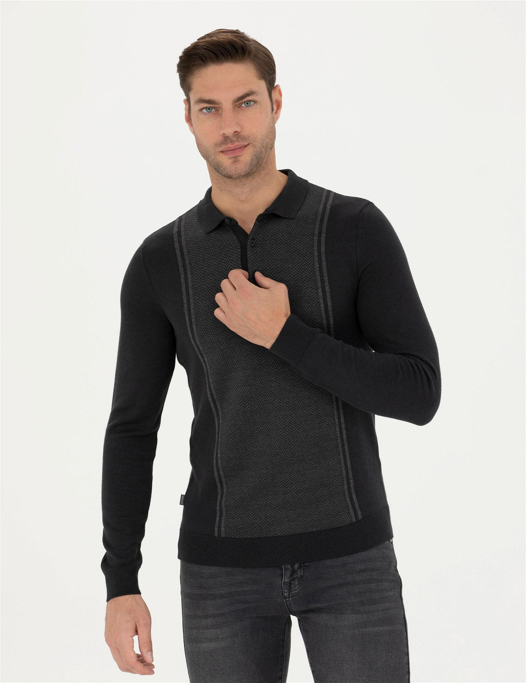 A__k Gri Melanj Slim Fit D__meli Polo Yaka Triko Kazak