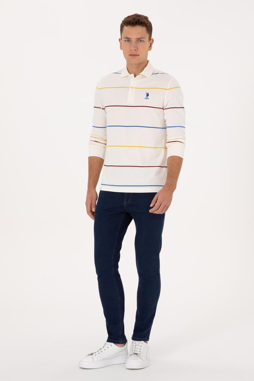 Erkek Regular Fit Polo Yaka _izgili Krem Sweatshirt