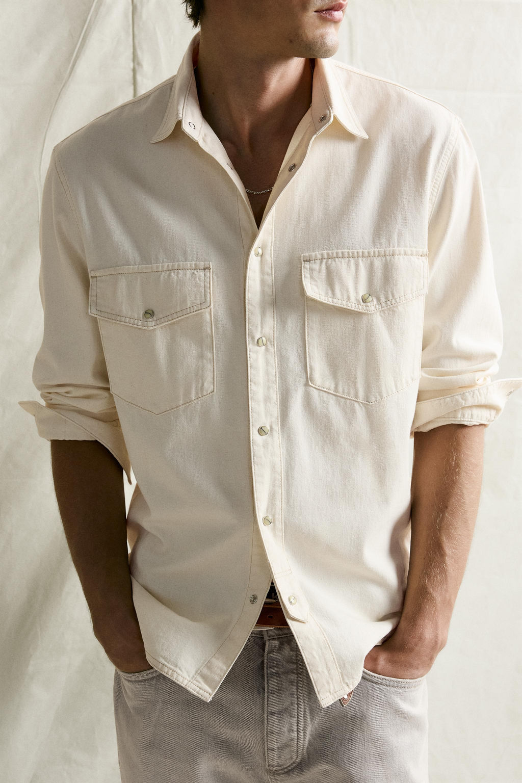 CAMISA DENIM PESPUNTES CONTRASTE / Crudo - Zara фото 5