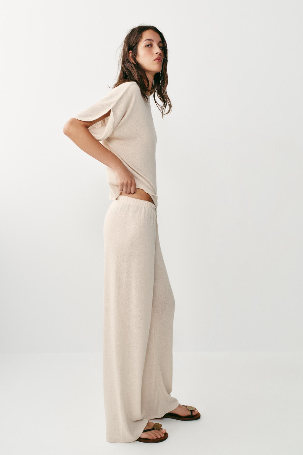 PANTAL?N R?STICO WIDE LEG / Beige claro