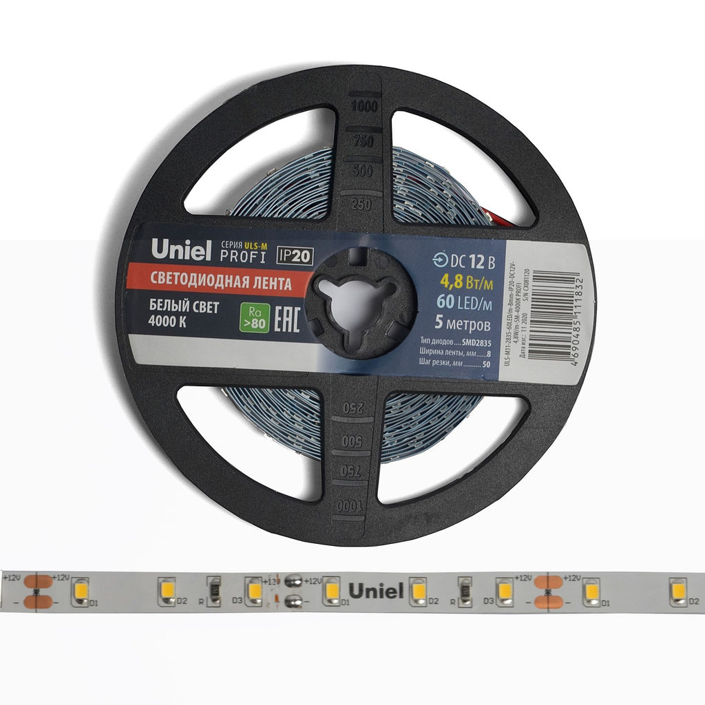 ULS-M11-2835-60LED/m-8mm-IP20-DC12V-4,8W/m-5M-4000K PROFI Гибкая светодиодная лента на самоклеящейся основе. Катушка 5м. в герметичной упаковке. Белый свет(4000К). ТМ Uniel.