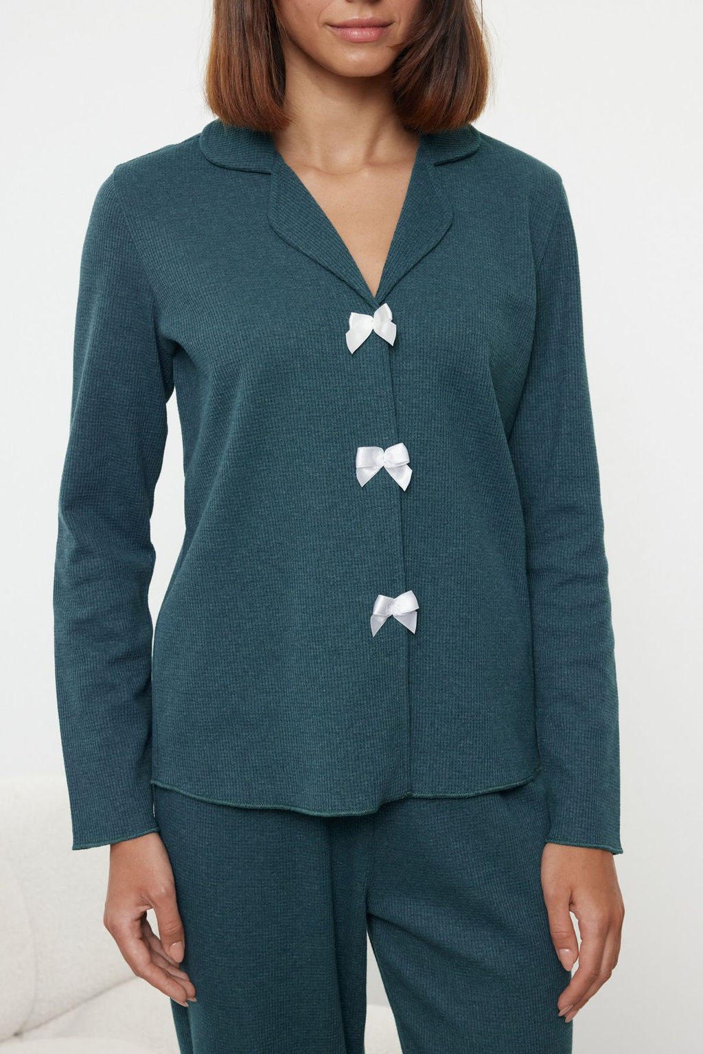 Trendyolmilla Bej Kurdele/Fiyonklu Waffle Kumas Orme Pijama Tak?m? THMAW25PT00195 фото 8