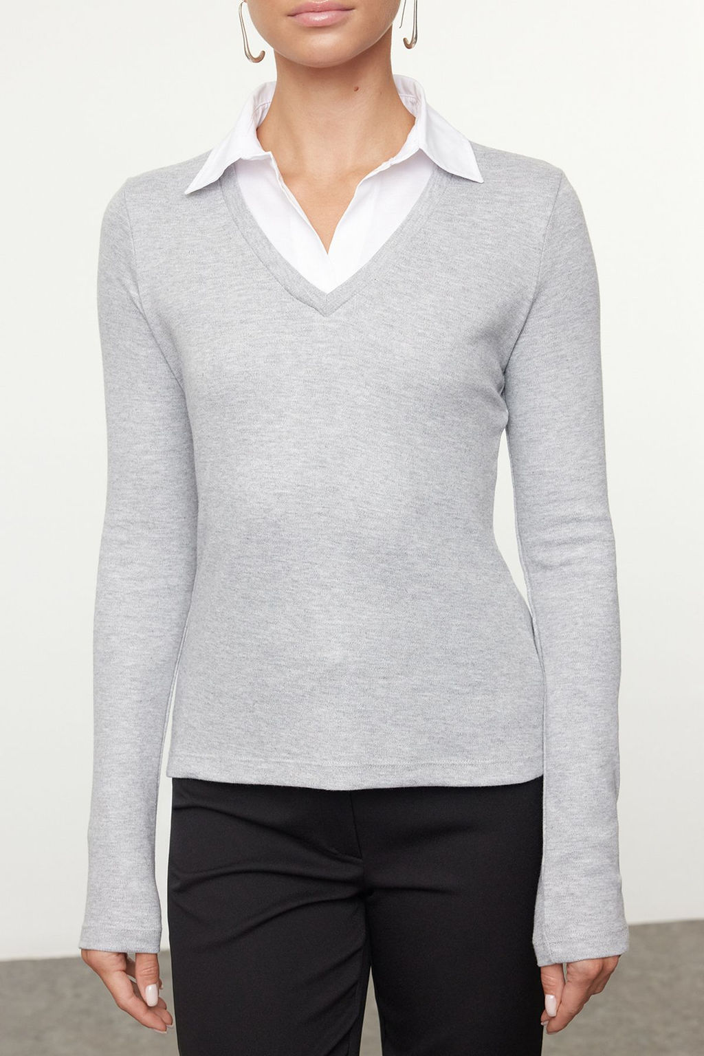 Trendyolmilla Siyah Dokuma Detayl? Gomlek Yaka Regular/Normal Kal?p Orme Bluz TWOAW25BZ00035  фото 3